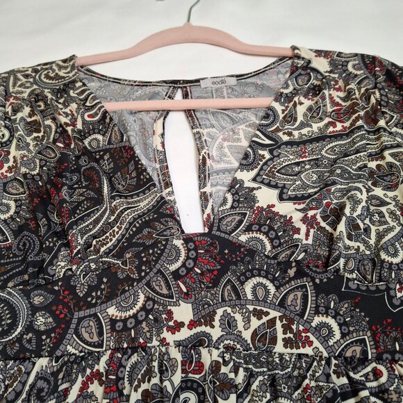 Eoote Grey Pailsley Empire Fit n Flare Mini Dress Size M Stretch Flutter Sleeves - Picture 6 of 16